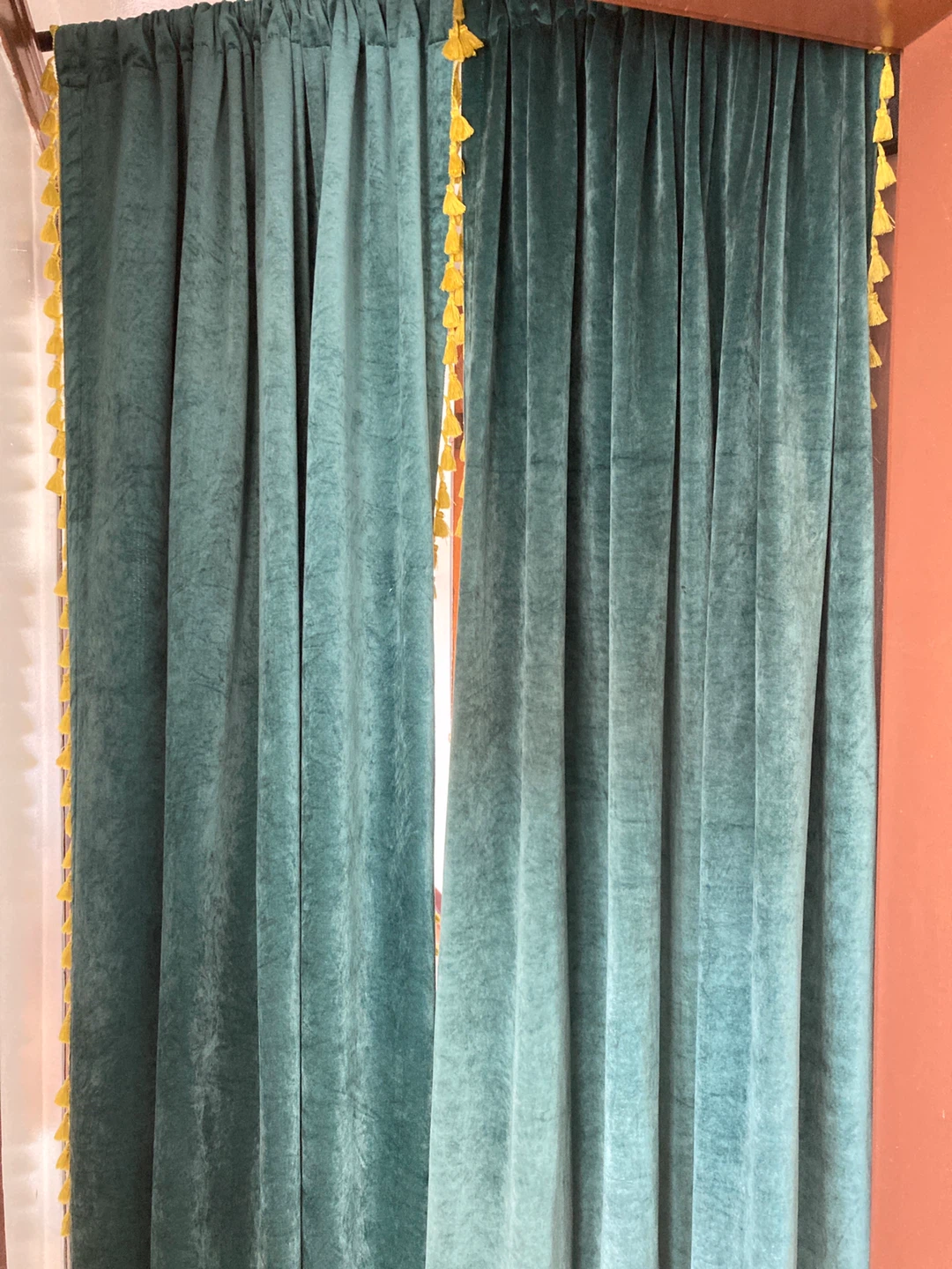 Teal Velvet Curtains with Yellow Tassels