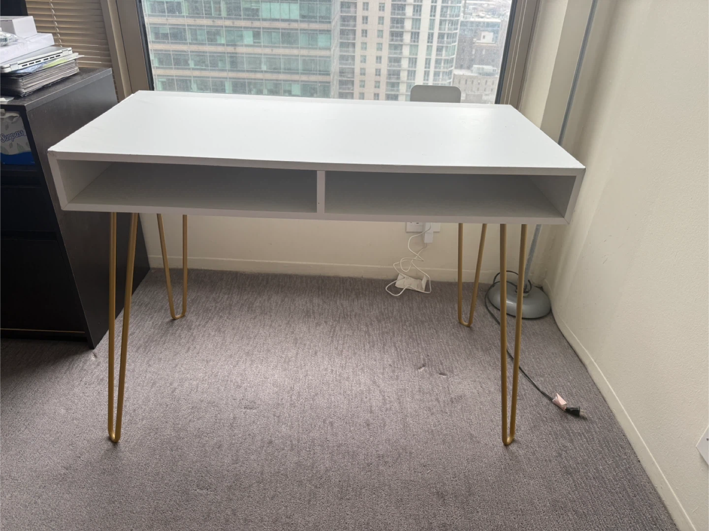White Desk with Gold Hairpin Legs