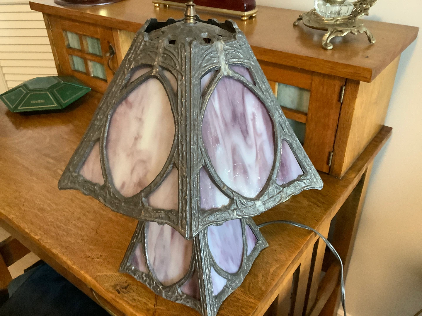 #3 Art Nouveau Six Panel Slag Glass Tri-Light Table Lamp - photo 3