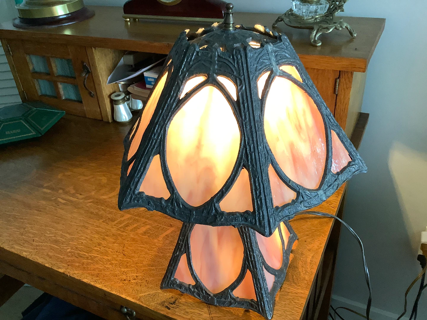 #3 Art Nouveau Six Panel Slag Glass Tri-Light Table Lamp