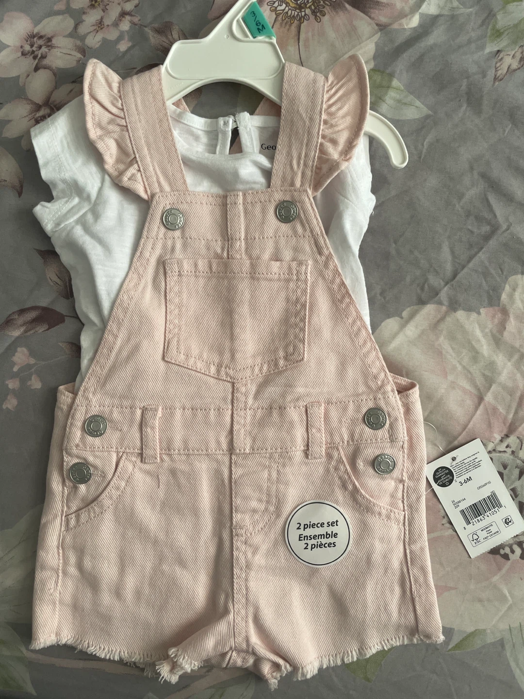 George Baby Girls Pink Denim Shortall & White Tee Set 3-6M