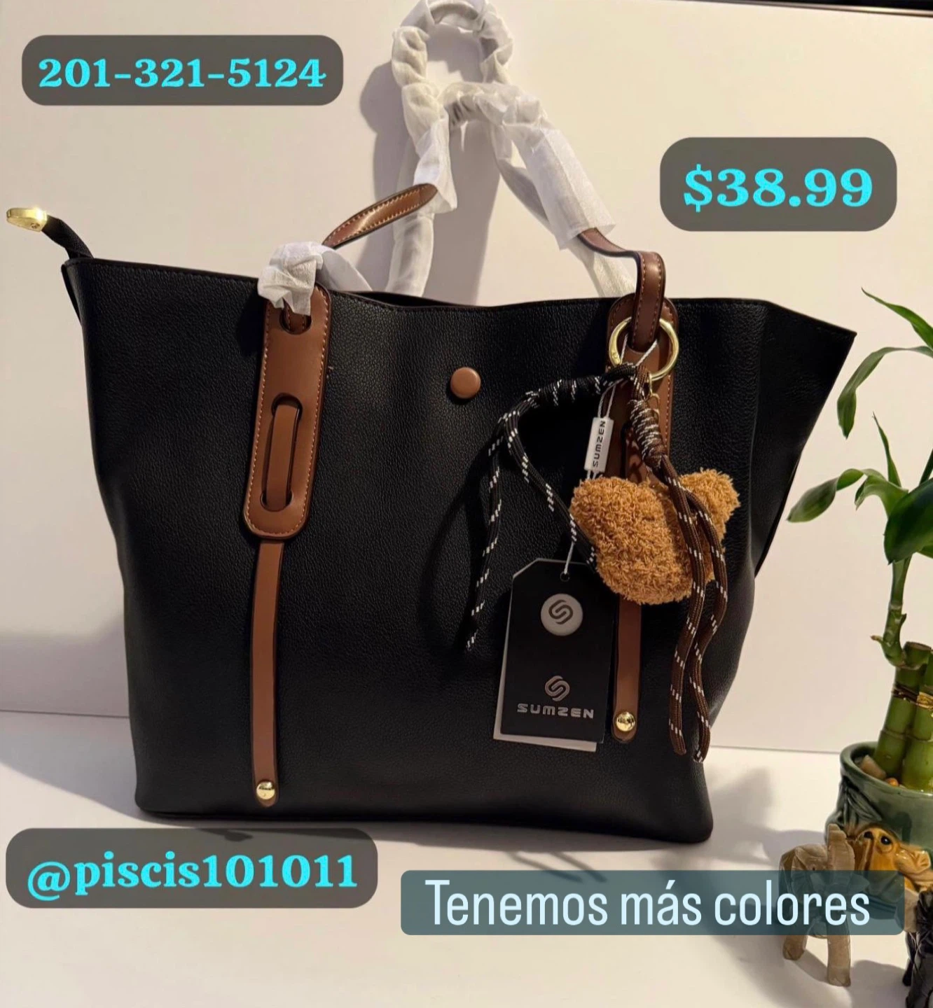 SUMZEN Black Tote Bag with Brown Accents