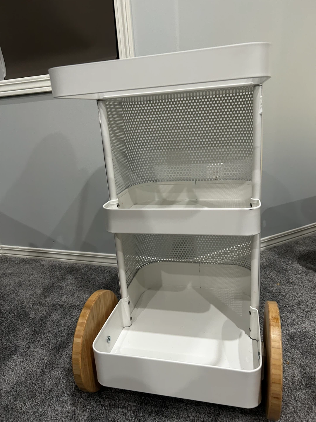 Ikea White 3-Tier Rolling Utility Cart with Wooden Wheels