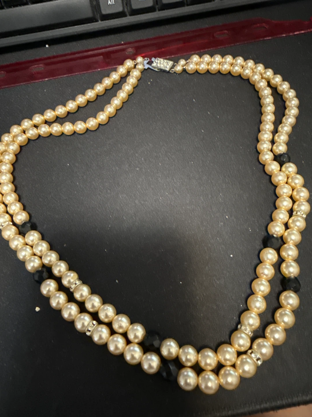 Beaded Necklace with Faux Pearls and Black Accent Beads