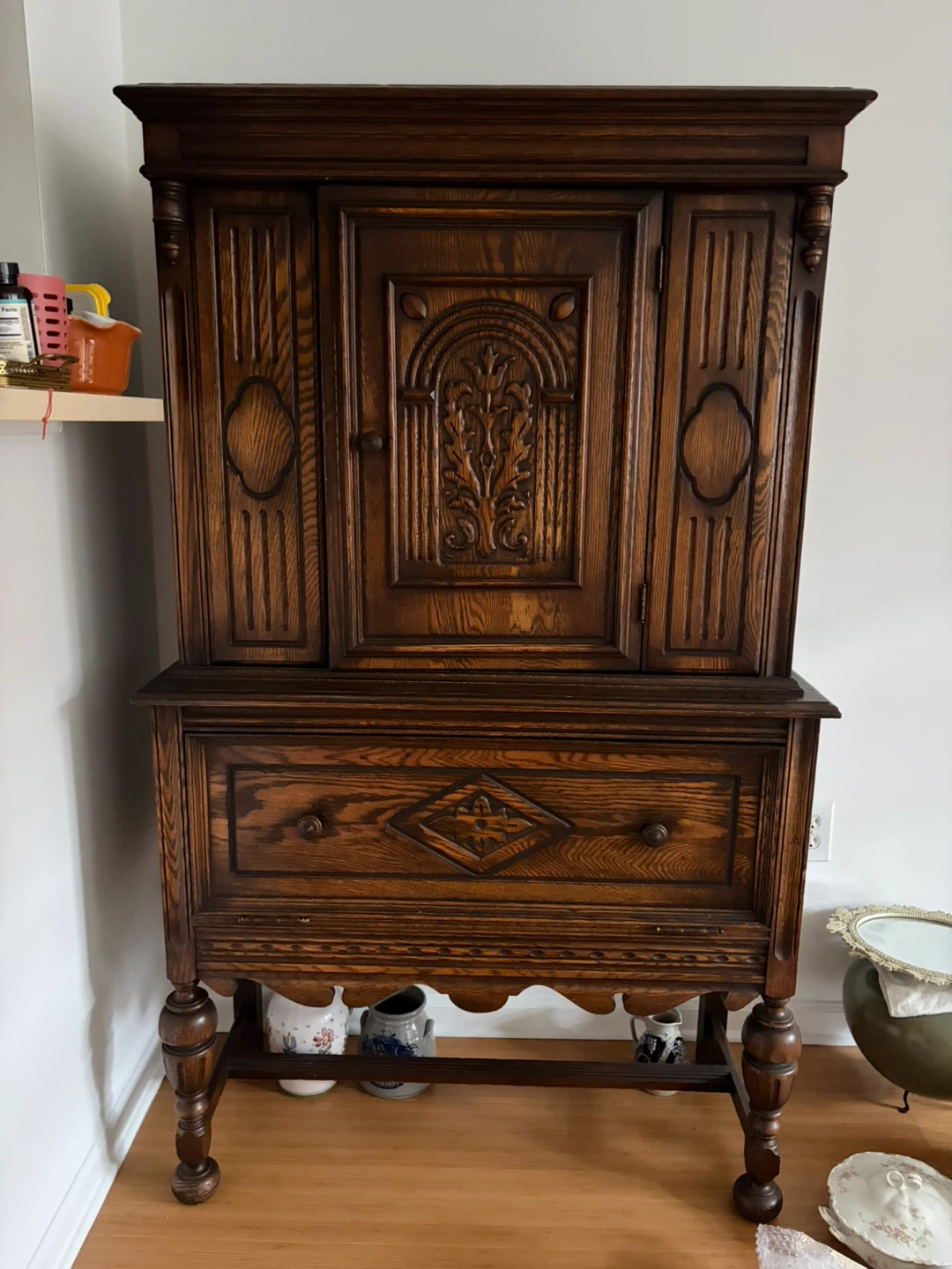 Antique Oak China Cabinet with Drawer