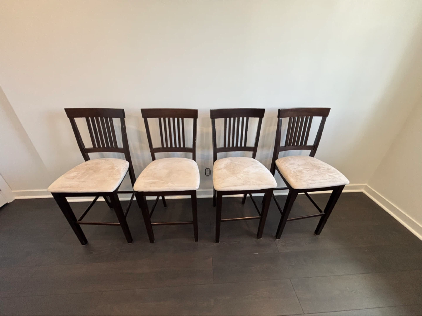 Set of 4 Dark Brown Wooden Bar Stools with Beige Fabric Seats