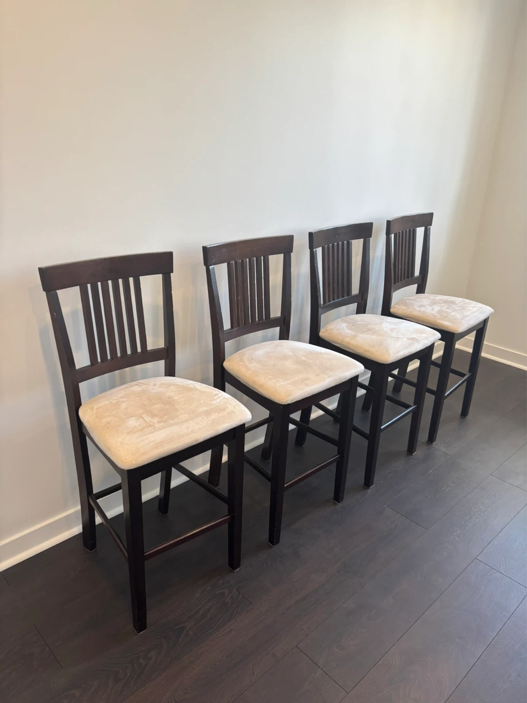 Set of 4 Dark Brown Wooden Bar Stools with Beige Fabric Seats - photo 2