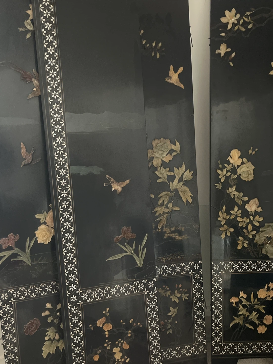 Black 5-Panel Decorative Screen with Birds and Flowers - photo 3
