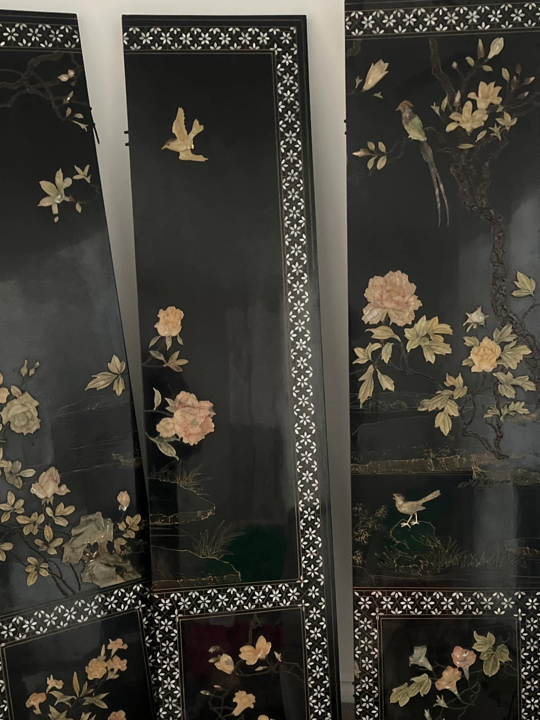 Black 5-Panel Decorative Screen with Birds and Flowers - photo 2