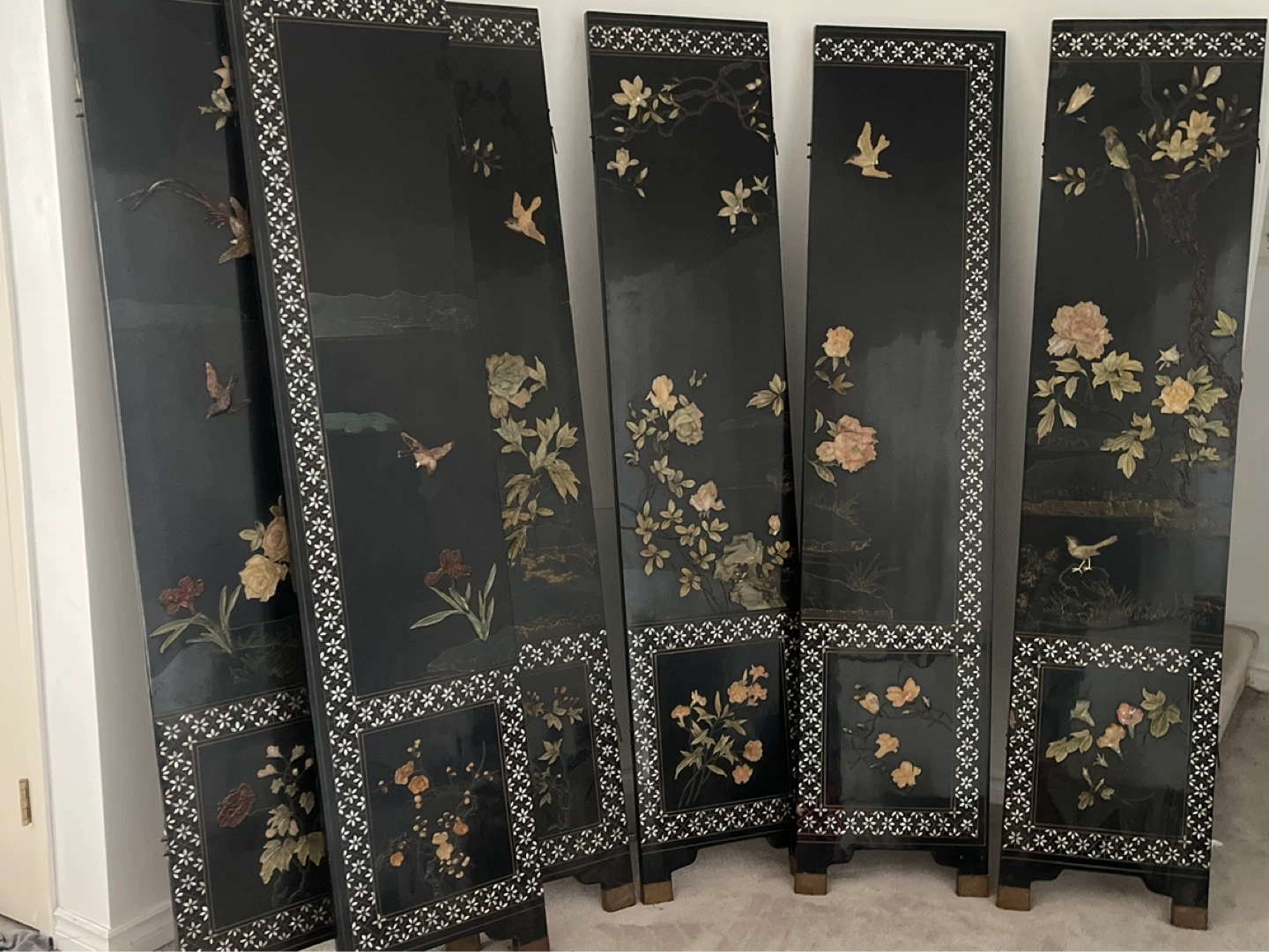 Black 5-Panel Decorative Screen with Birds and Flowers