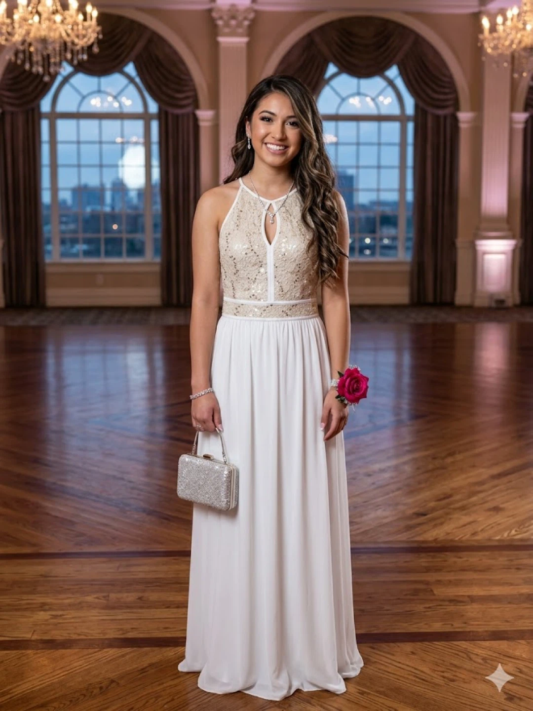 White Halter Neck Sequin Lace Maxi Dress