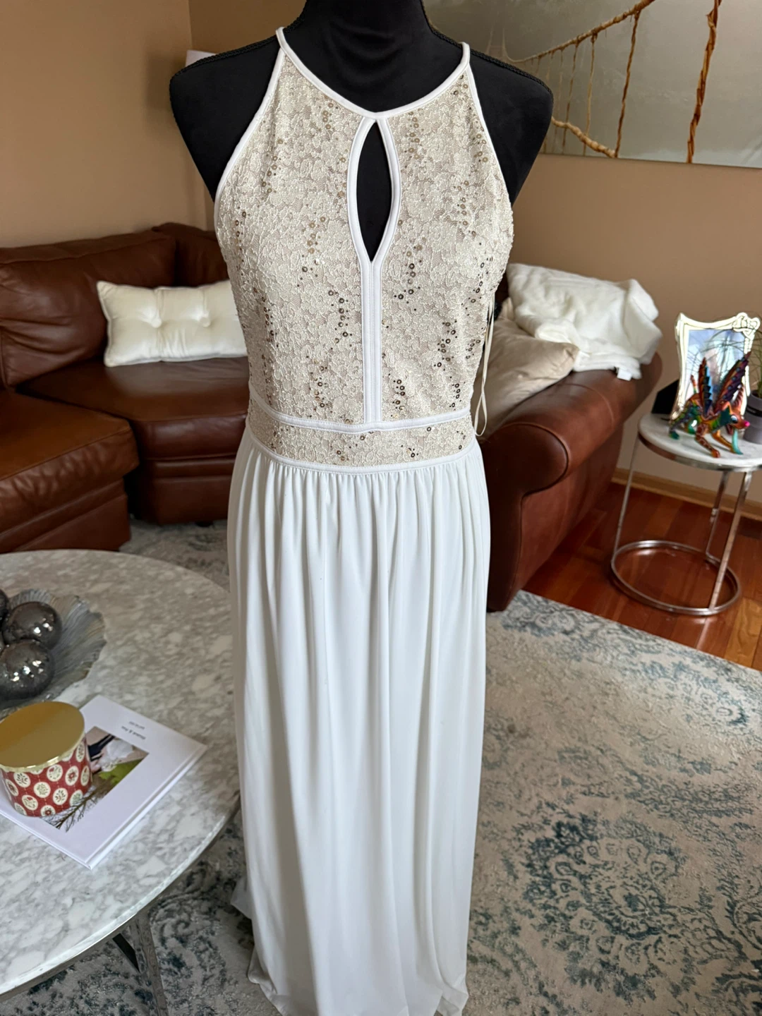 White Halter Neck Sequin Lace Maxi Dress - photo 2