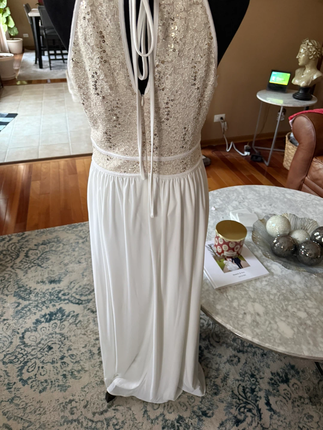White Halter Neck Sequin Lace Maxi Dress - photo 4