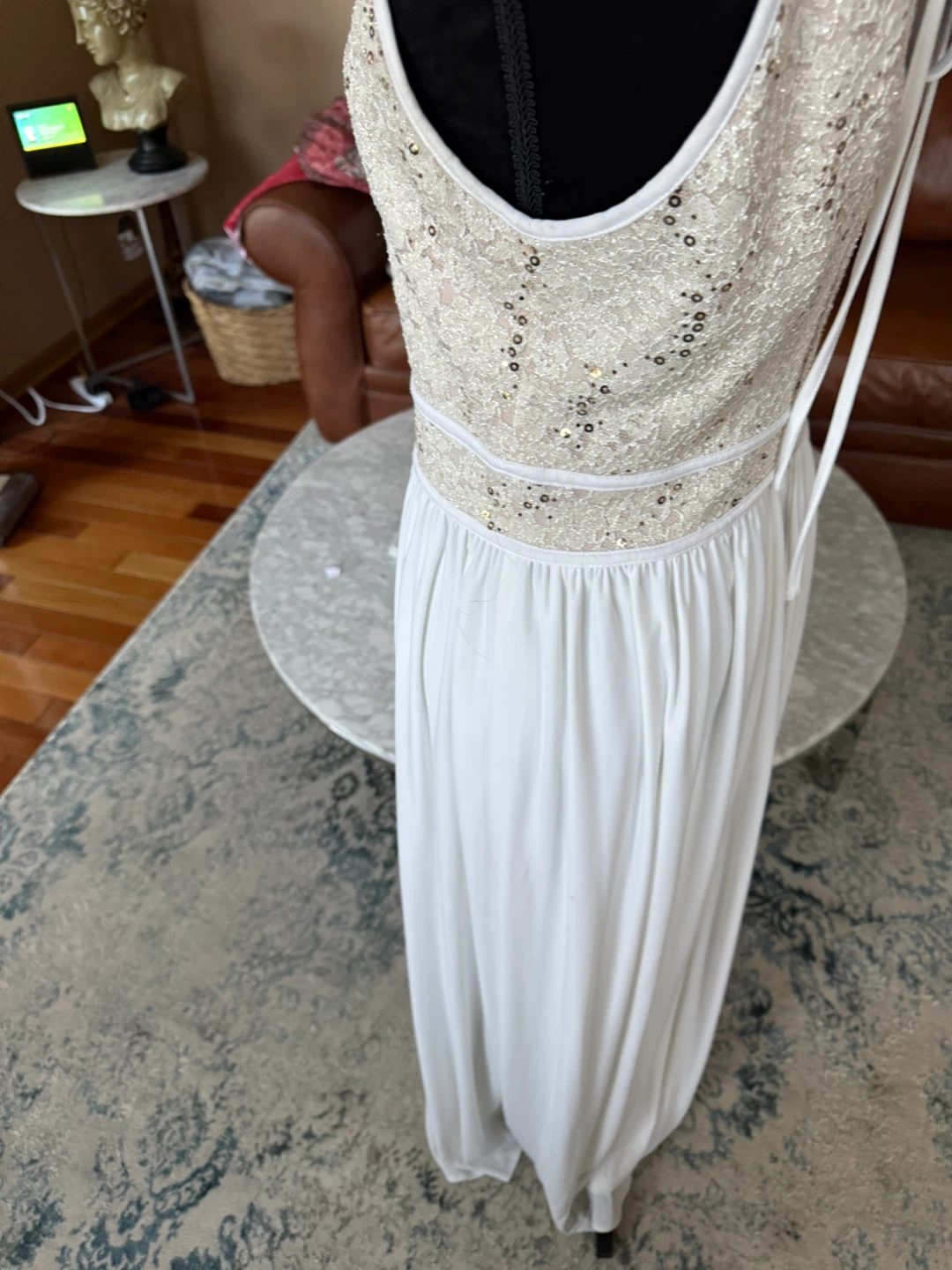 White Halter Neck Sequin Lace Maxi Dress - photo 3