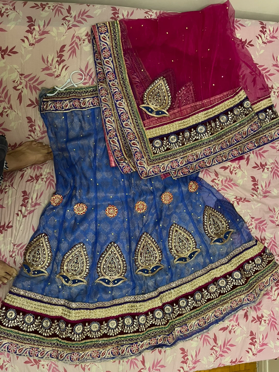 Blue and pink embroidered lehenga choli with dupatta