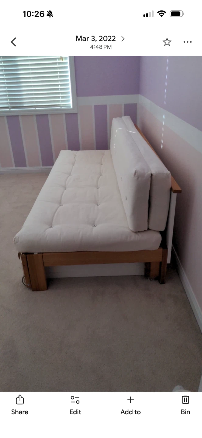 White Tufted Futon Couch with Wooden Frame
