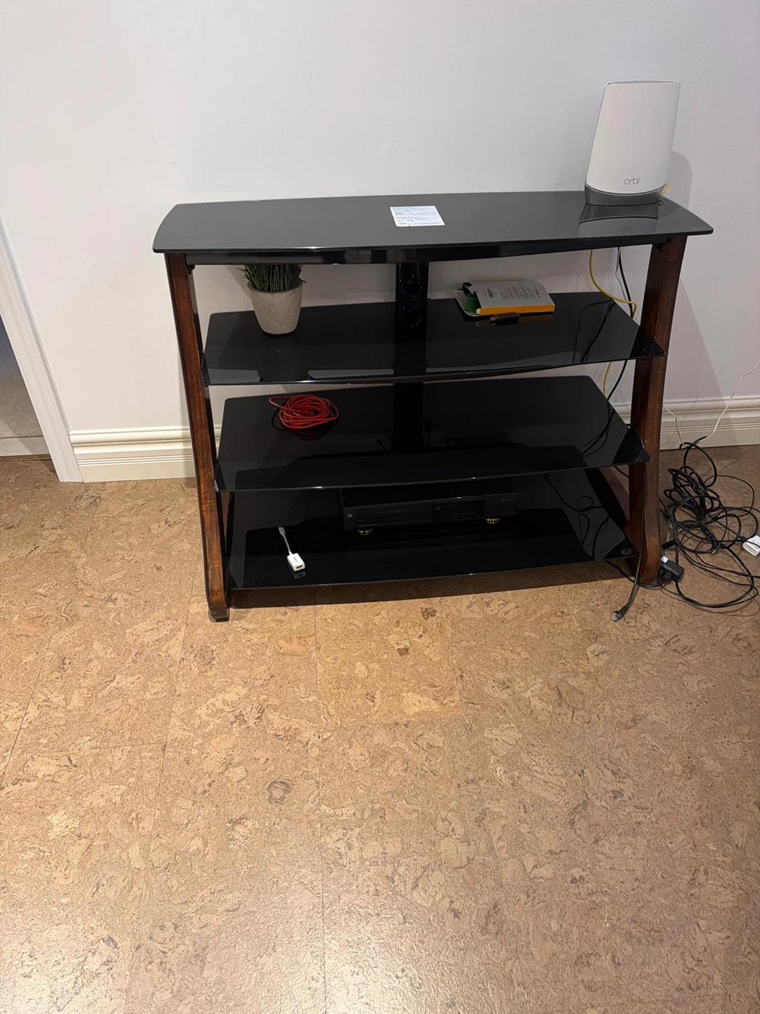 Black Glass TV Stand with Wood Accents