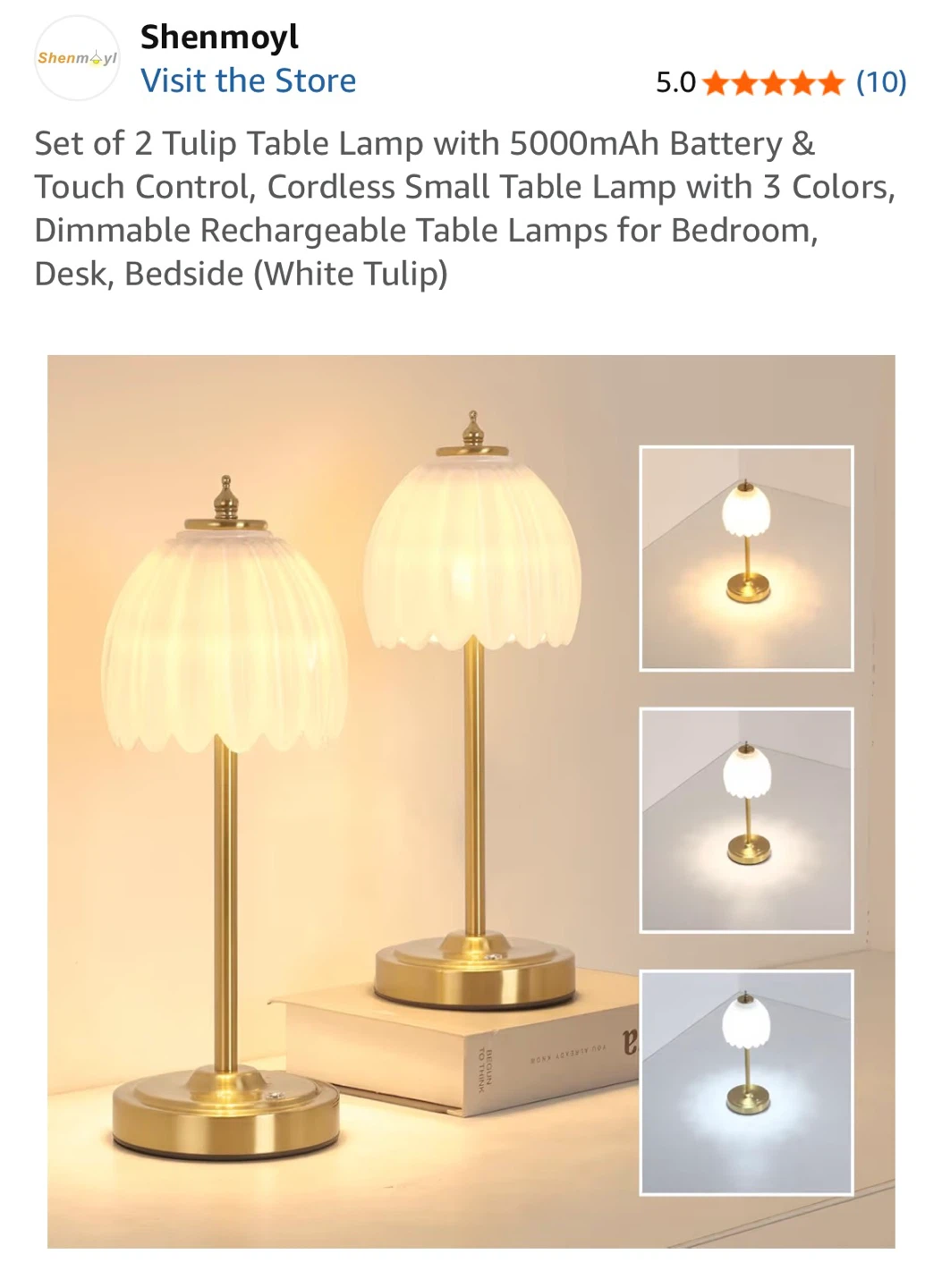 Set of 2 Shenmoyl Tulip Table Lamps with 5000mAh Battery