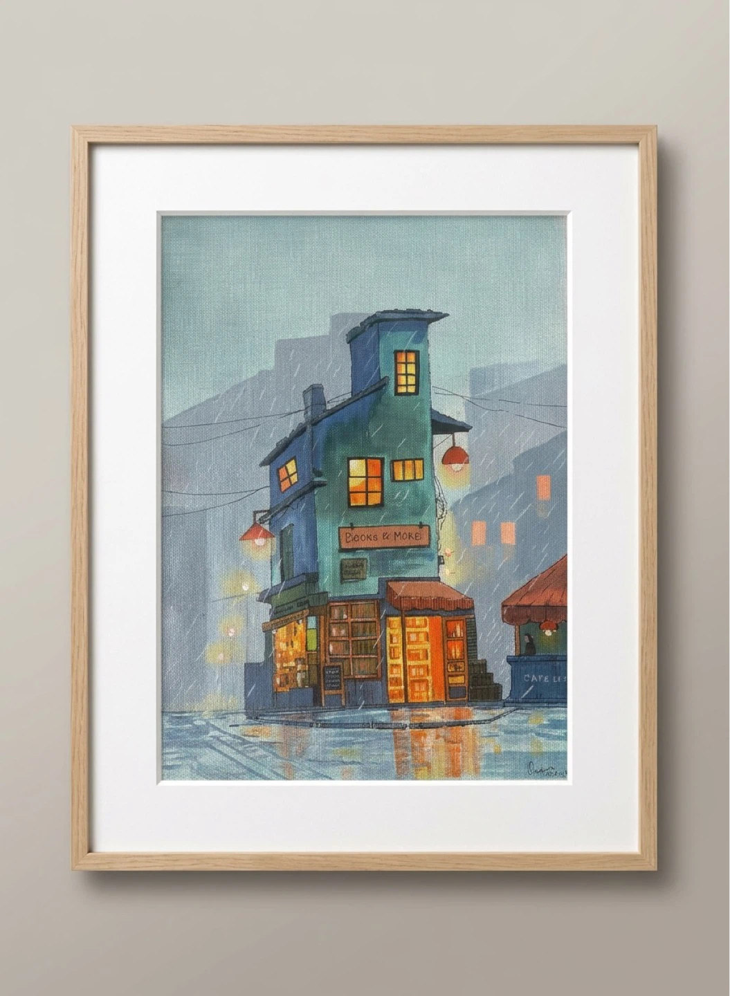 Book shop on a rainy day - original art