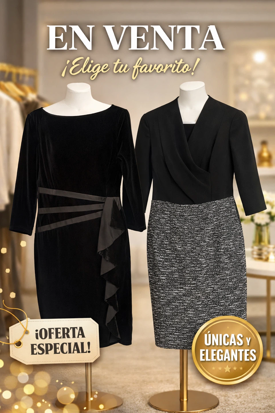 Black Velvet Dress with Ruffles & Black Tweed Skirt Dress