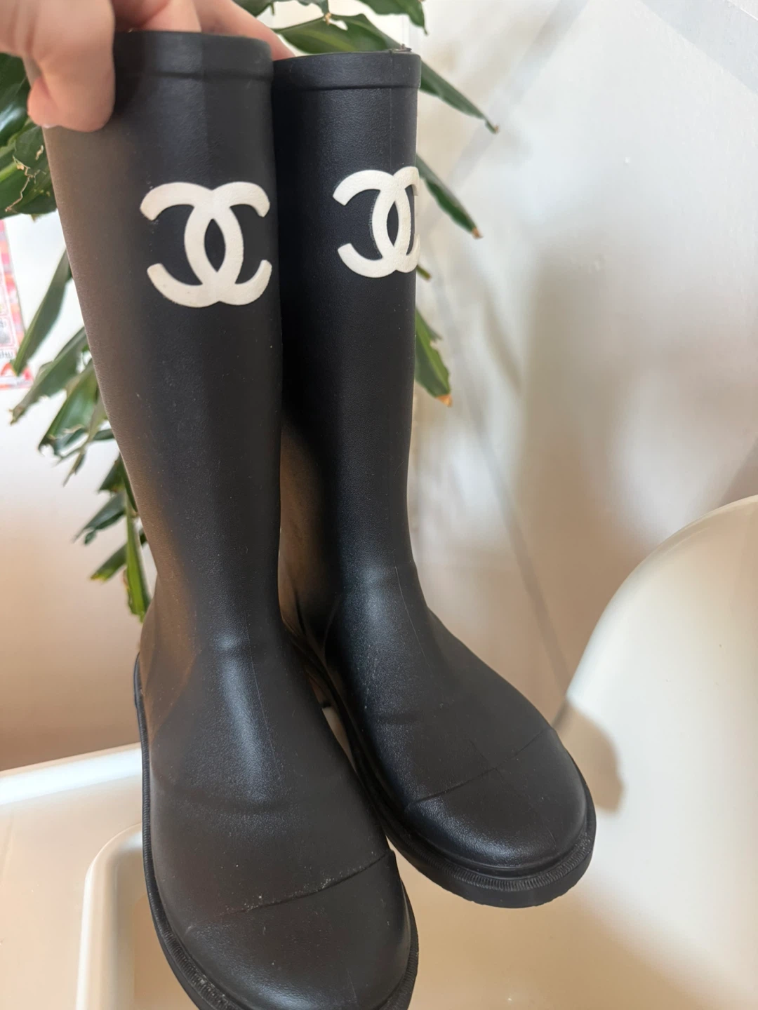Chanel Black Rubber Tall Boots Size 38