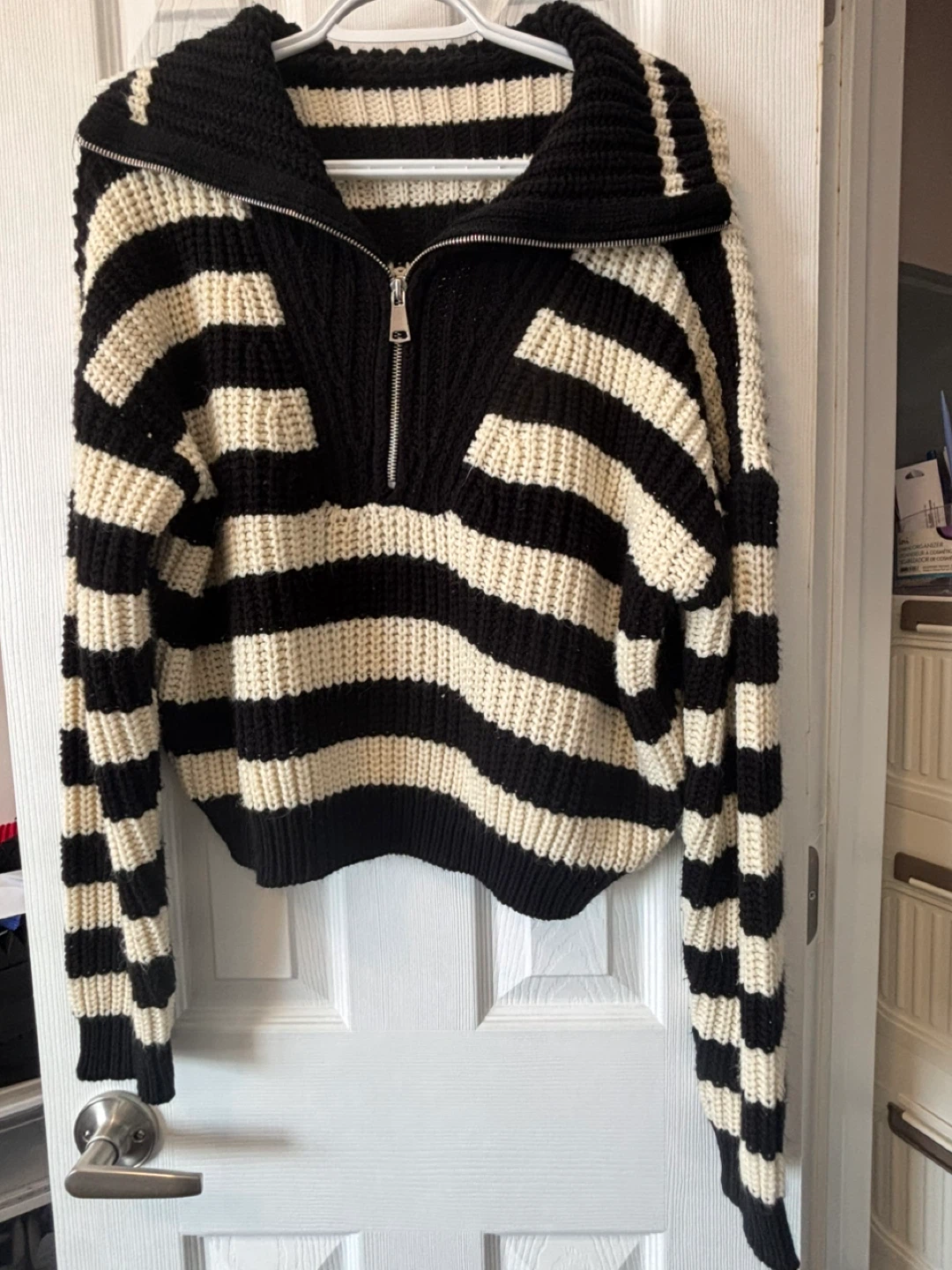Black and Cream Striped Zip-Up Sweater