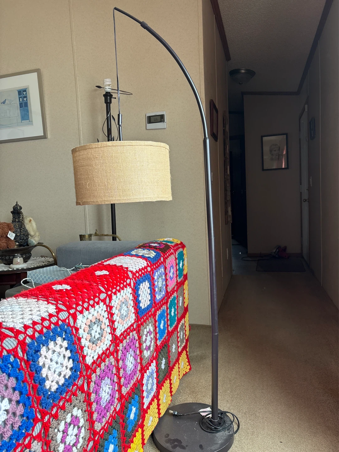Black Arc Floor Lamp with Tan Shade