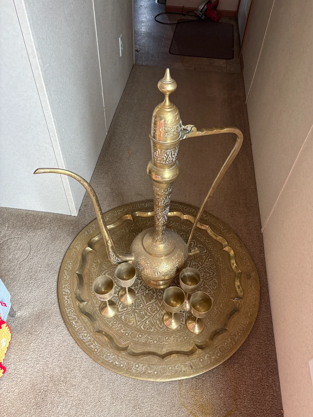 Brass Decorative Coffee Pot and Tray Set with Glasses