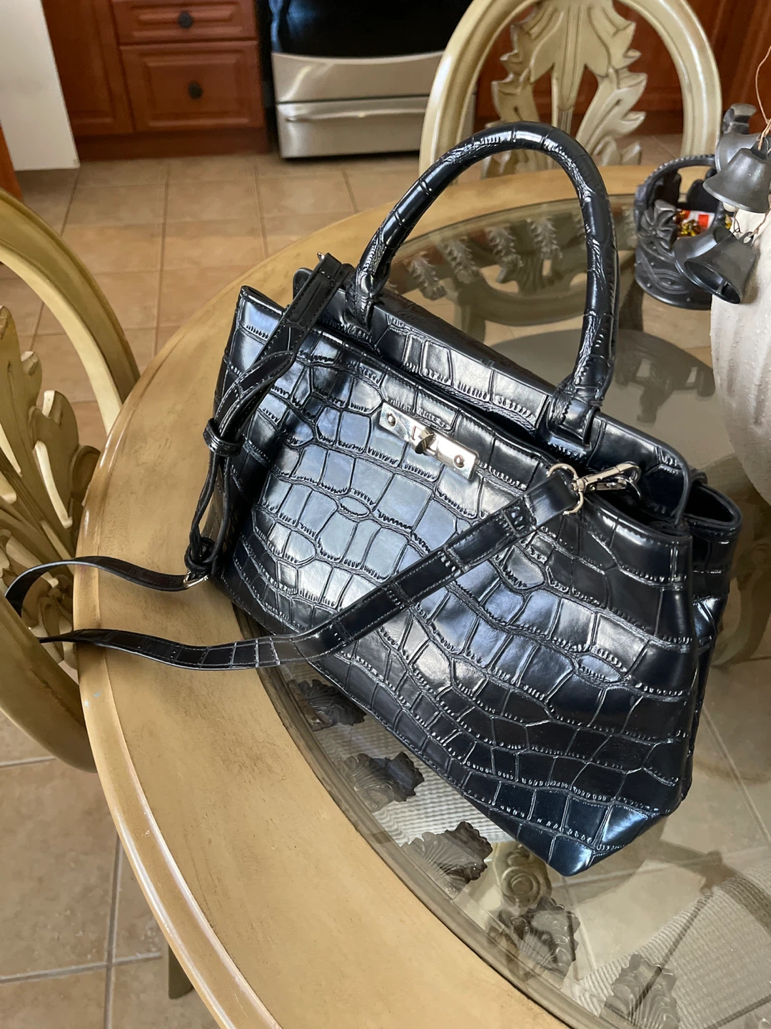 Black Croc-Embossed Handbag