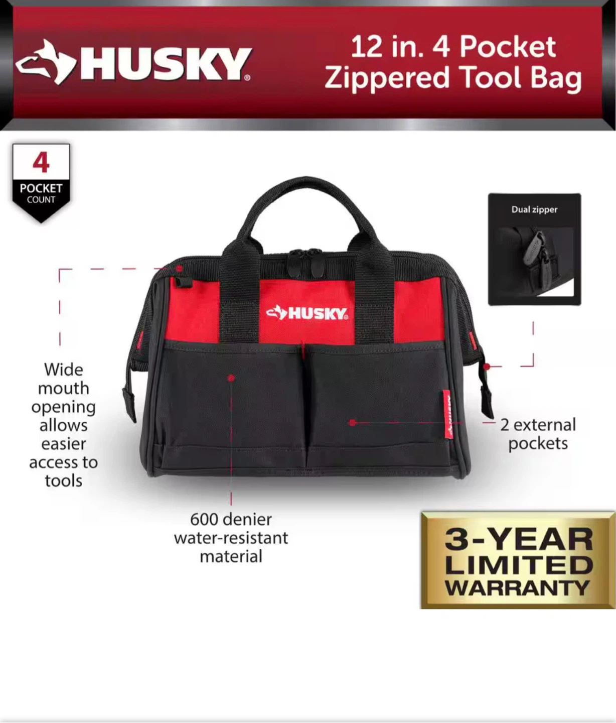 Husky 12 in. 4 Pocket Zippered Tool Bag - photo 4
