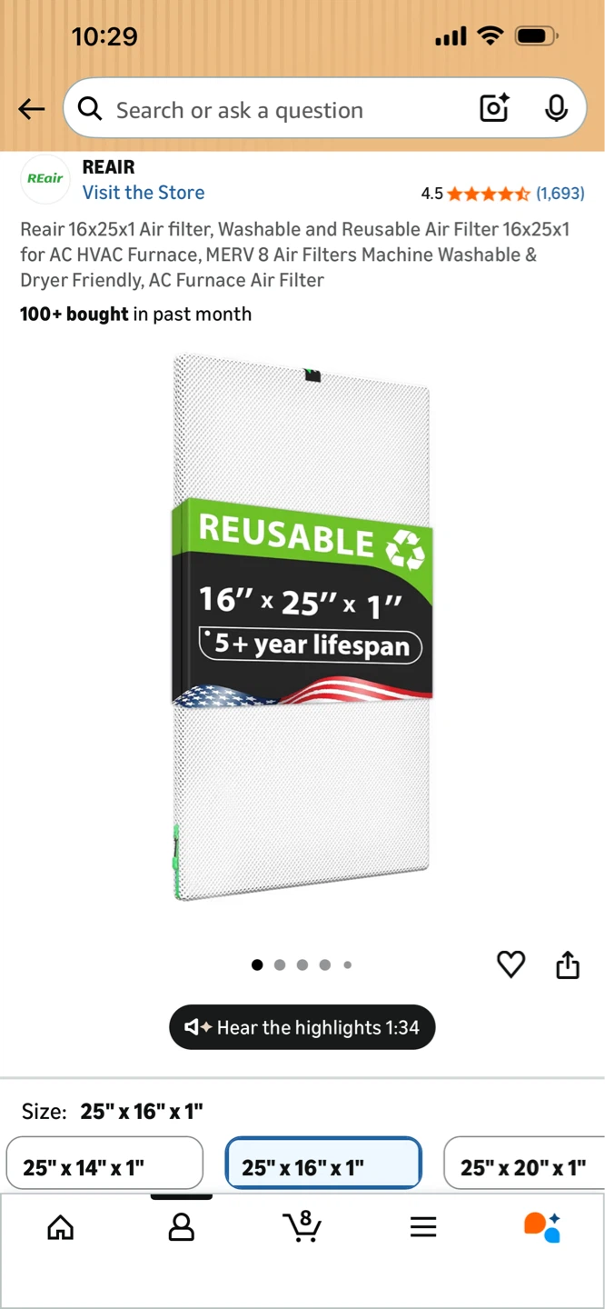 REAIR 16x25x1 Air Filter reusable (2 available)