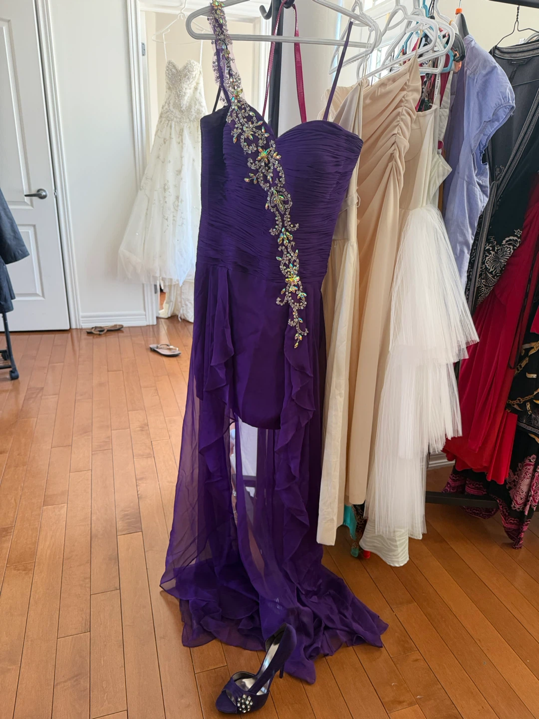 Purple Halter Neck Beaded Dress with Ruffles