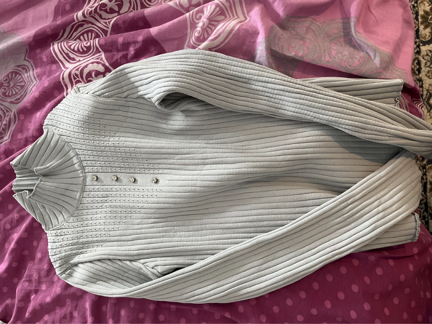 Light Blue Ribbed Mock Neck Top with Rhinestones