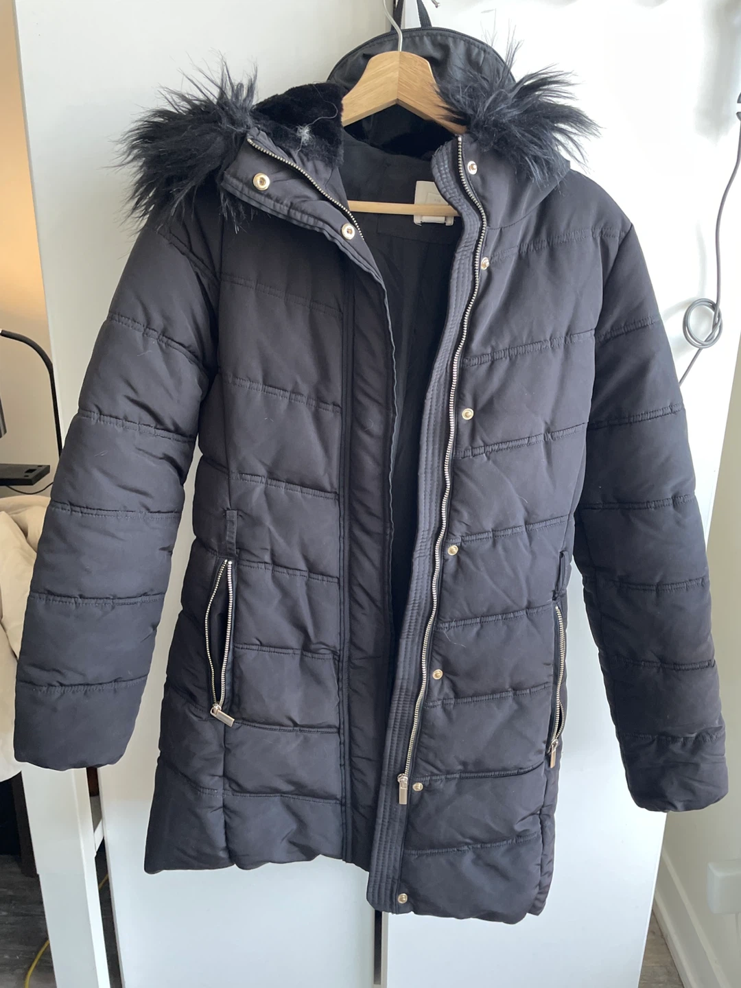 H&M Black Puffer Coat with Faux Fur Hood - Size XS