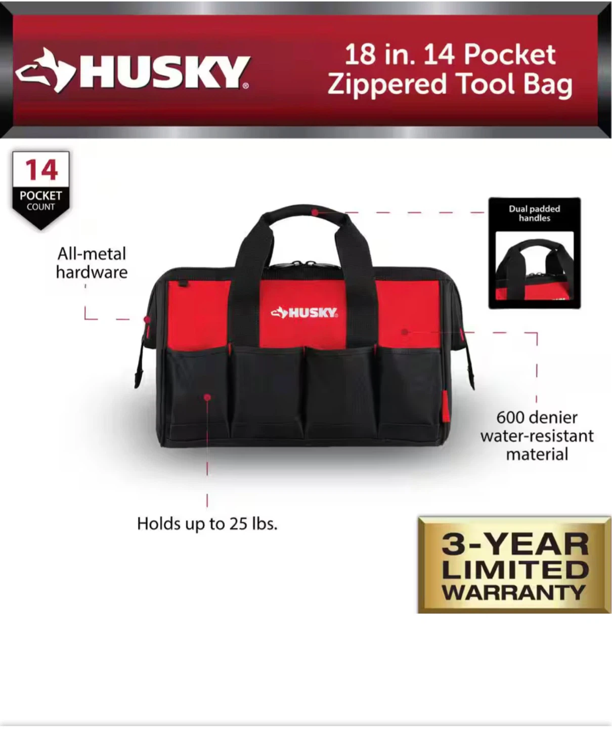Husky 18-inch 14 Pocket Zippered Tool Bag - photo 4