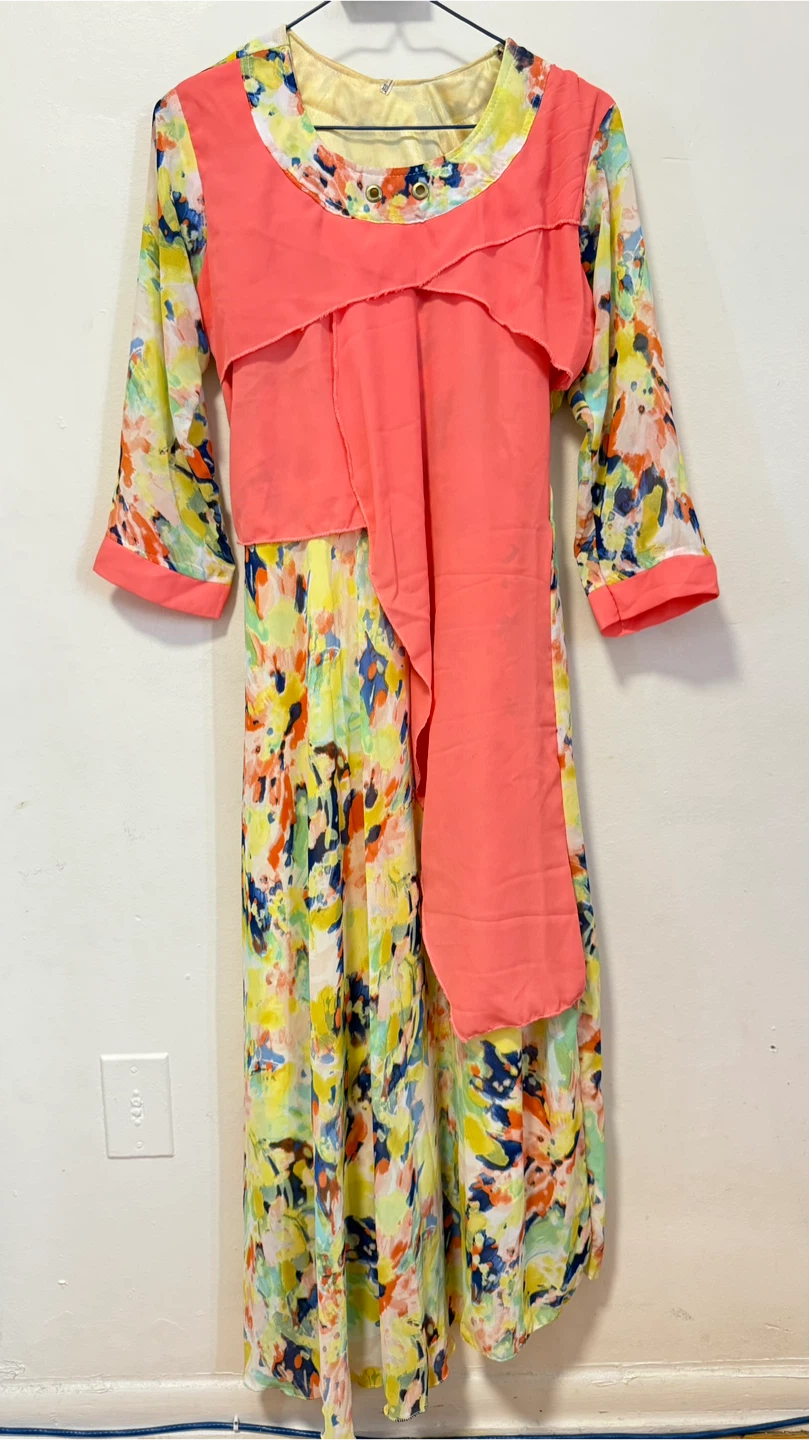 Women's Multi-coloured Print Dress with Coral Overlay