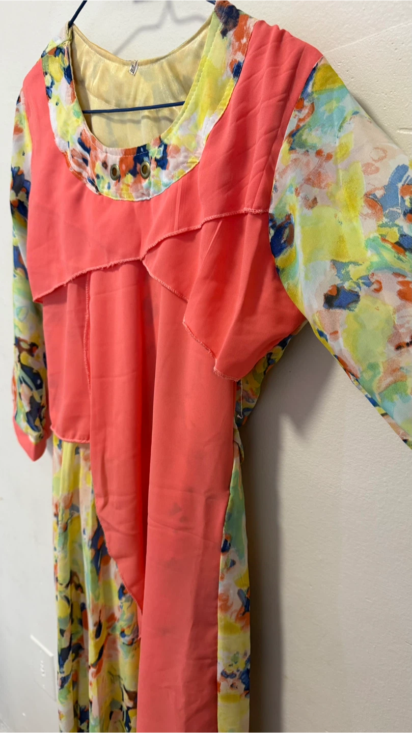 Women's Multi-coloured Print Dress with Coral Overlay - photo 5