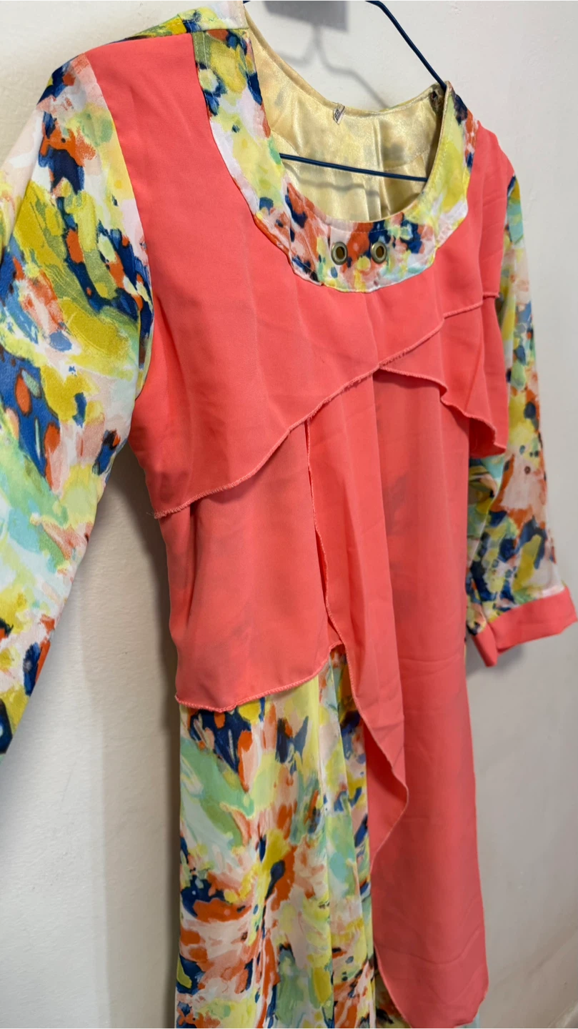 Women's Multi-coloured Print Dress with Coral Overlay - photo 4