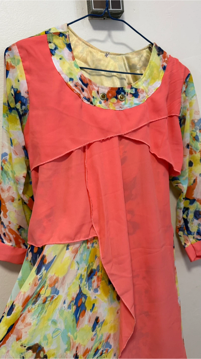 Women's Multi-coloured Print Dress with Coral Overlay - photo 3