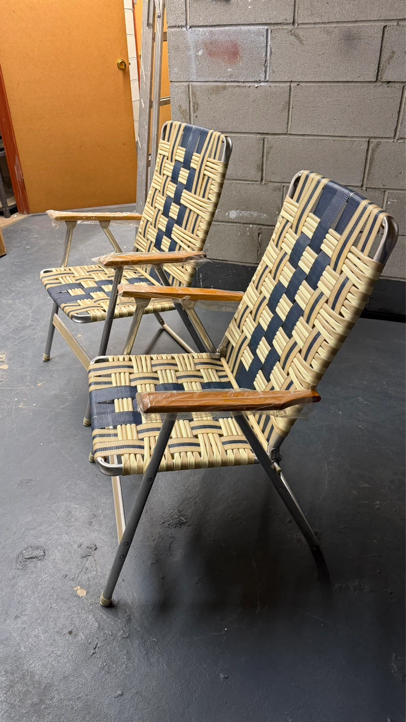 Vintage Woven Webbing Lawn Chairs - Set of 2