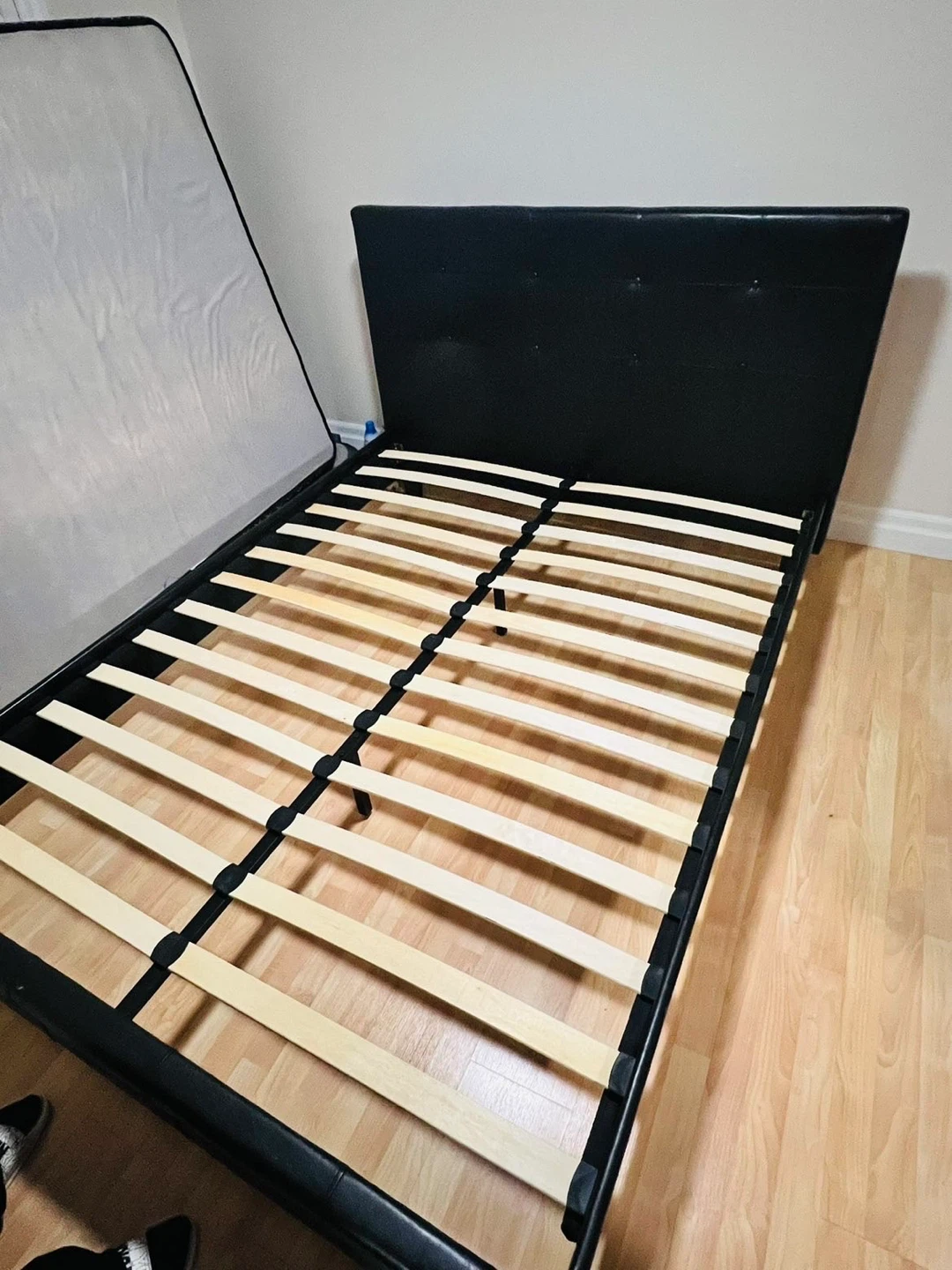 Black Faux Leather Bed Frame with Slats - photo 2