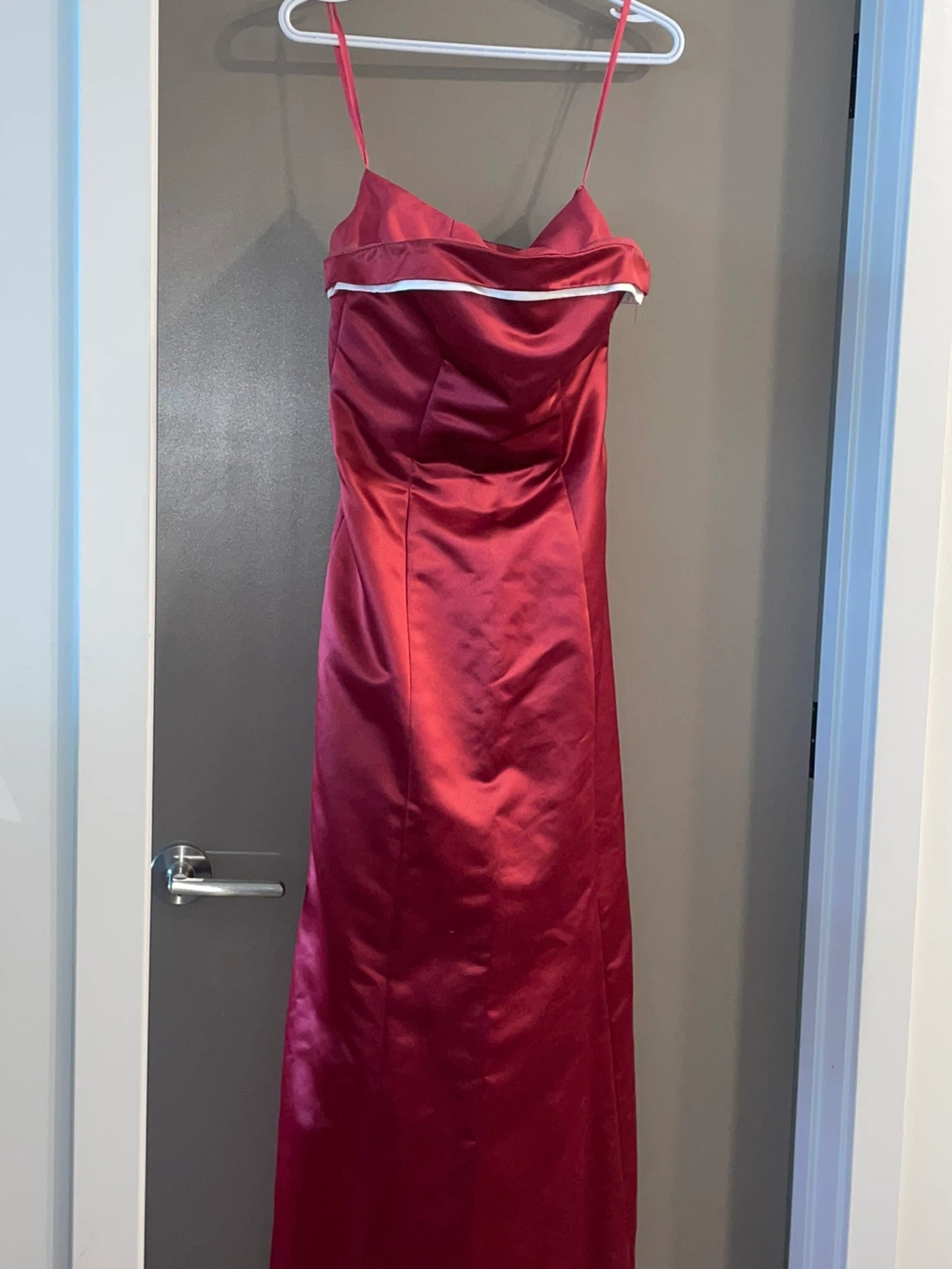Red Satin Gown with White Trim