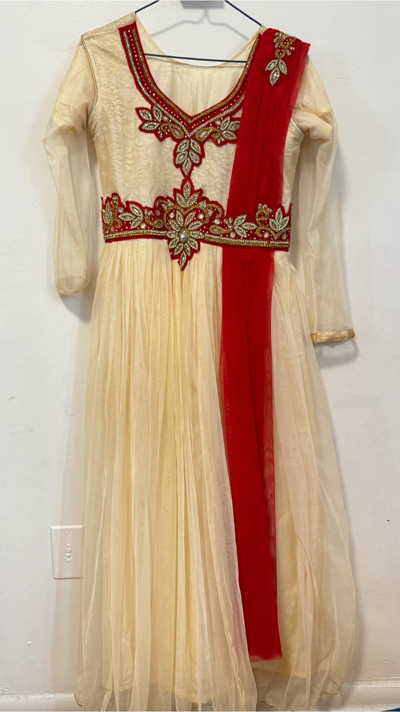 Cream and Red Embellished Anarkali Dress