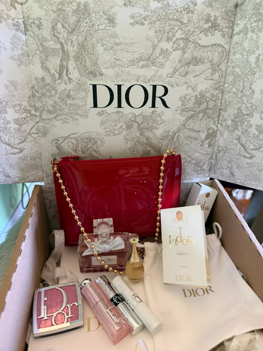 Dior Red Patent CD Clutch Bag with J'adore Perfume & Makeup