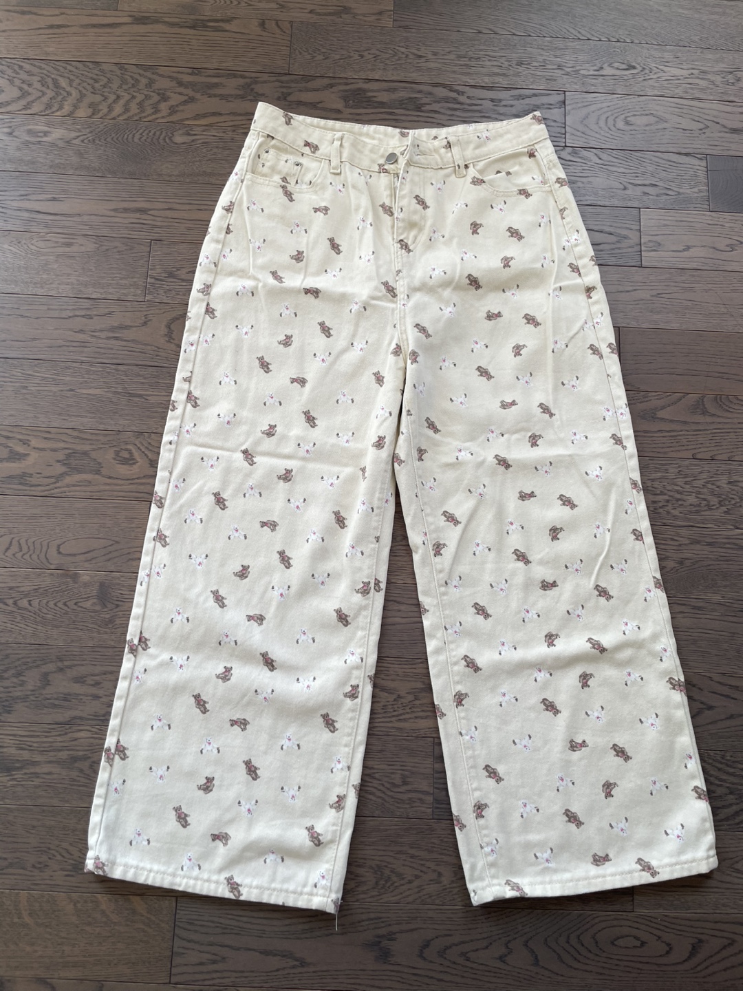 Cream Teddy Bear Print Wide Leg Pants XXL