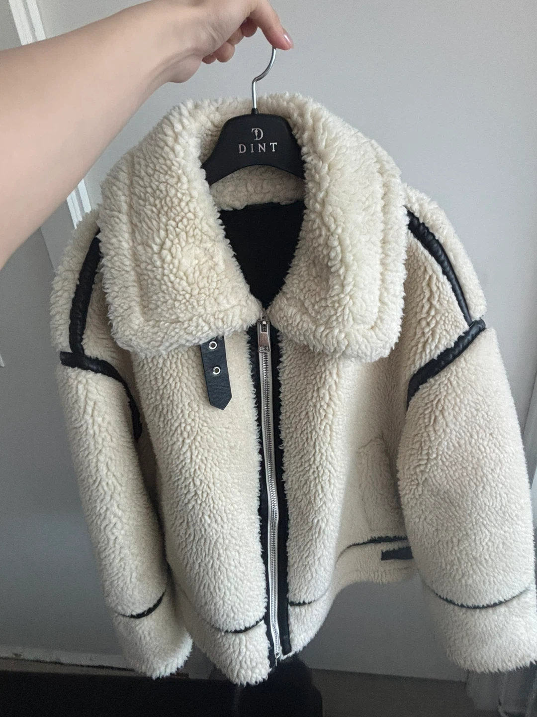 Cream Fur Jacket with Faux Leather Trim
