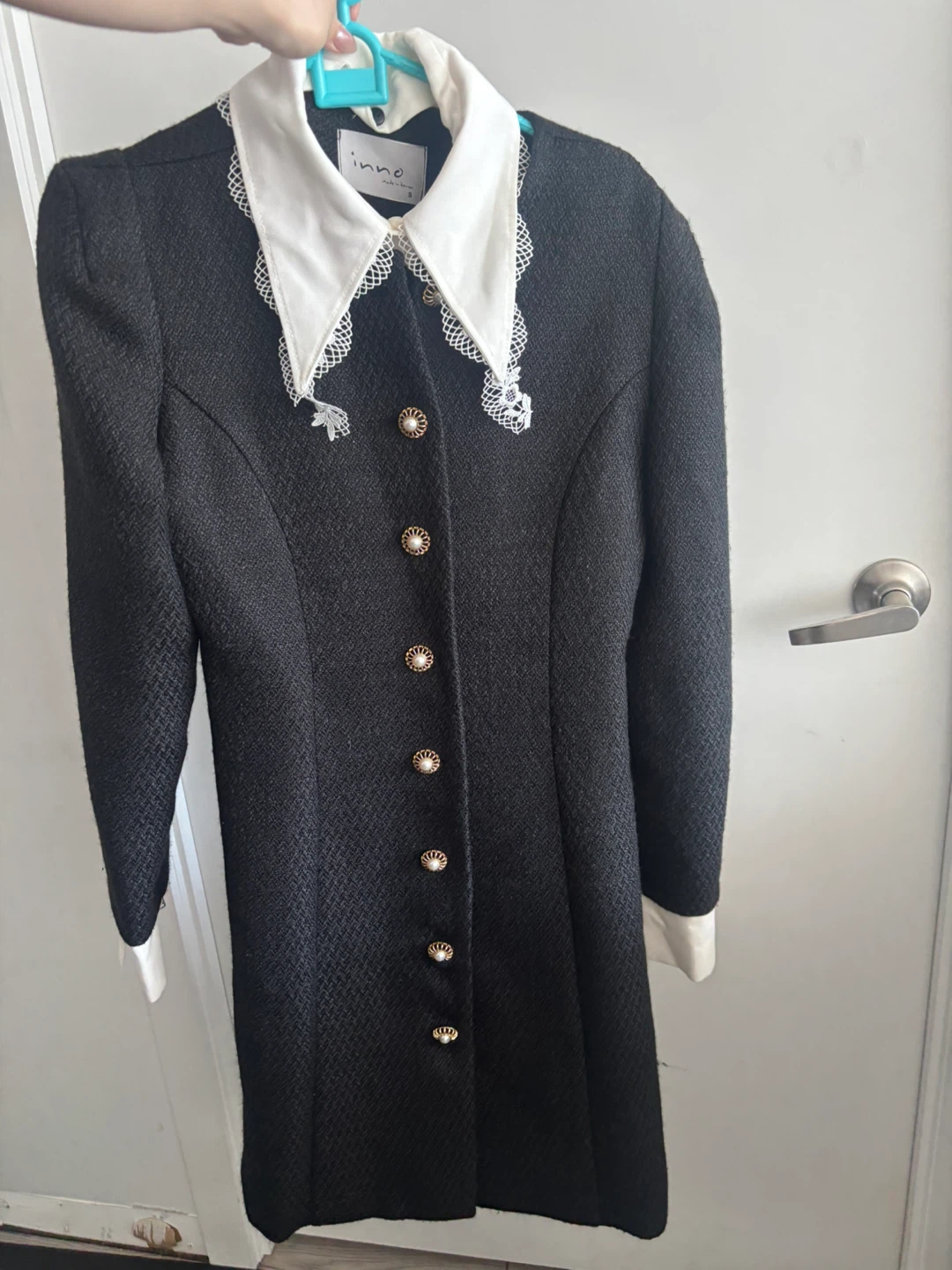 Korean Style Black Tweed Dress with White Lace Collar