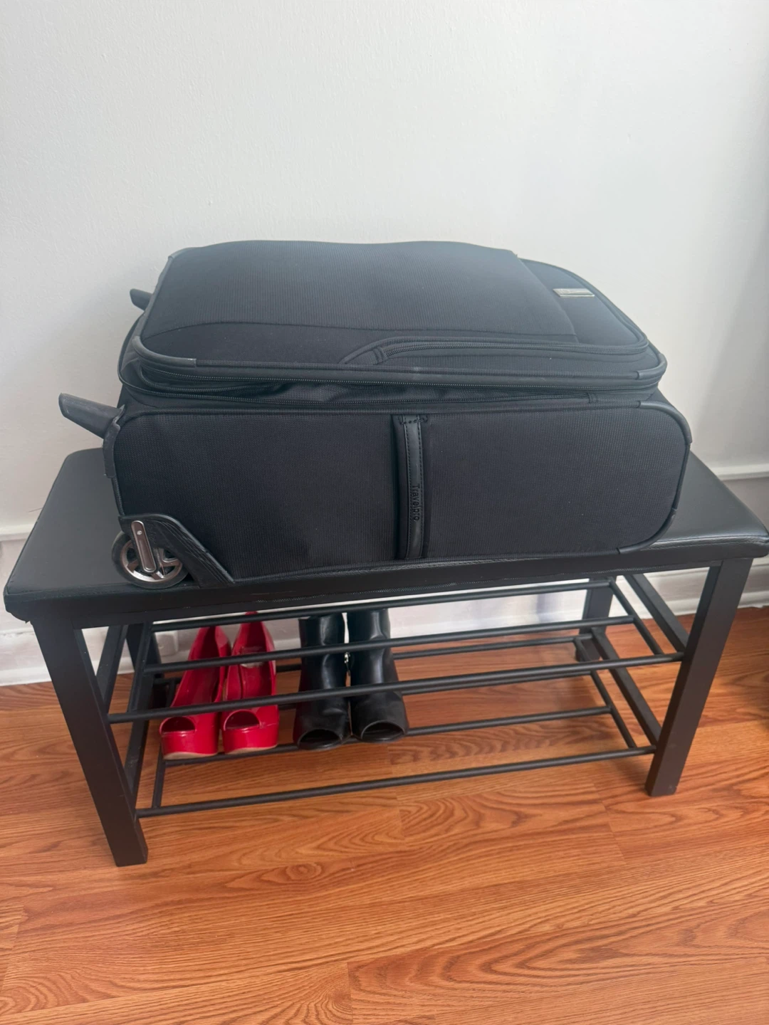 Black Padded Entryway Shoe Bench with Storage Rack - photo 2