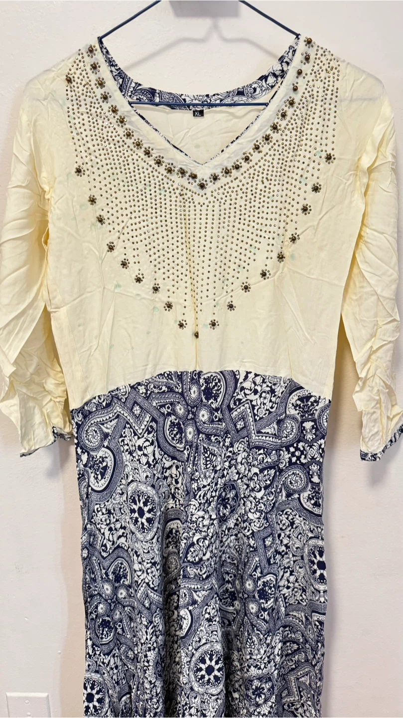 Beige and Navy Paisley Dress with Beading - XL - photo 3