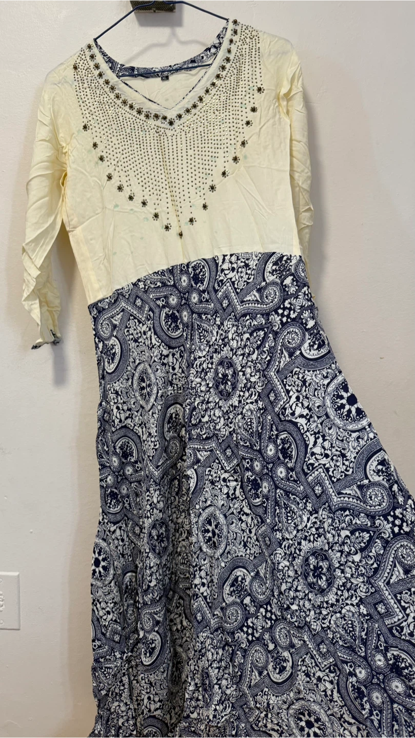 Beige and Navy Paisley Dress with Beading - XL